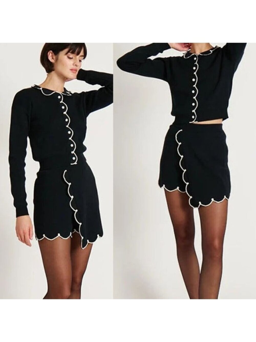 NEW Rachel Antonoff Hostess Fitted Knit Scalloped Detail Skort Black Size: M